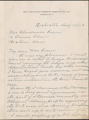 James P. Griffin (New York State Forestry Association, Inc.) autograph letter signed to [Elizabeth] Glendower Evans, Rochester, N. Y., May 17, 1923