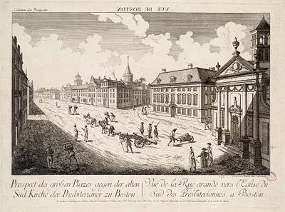 Prospect des grossen Plazes gegen der alten Sud Kirche der Presbiterianer zu Boston