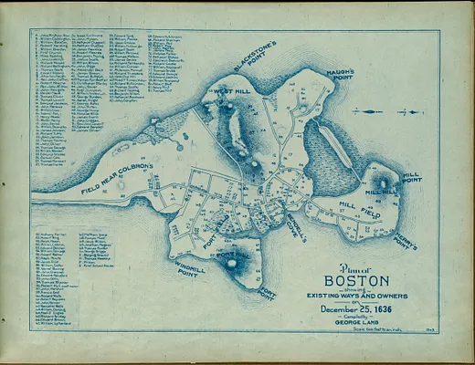 Plan of Boston showing existing ways and owners on December 25, 1636