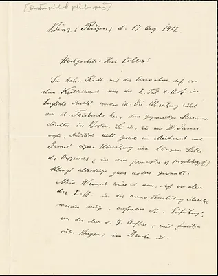 Riehl, Alois, 1844-1924 autograph letter signed to Hugo Münsterberg, Binz, Rügen, 17 August 1912