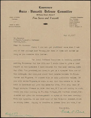 Fred E. Beal (Lawrence Sacco-Vanzetti Defense Committee) typed letter signed to Gardner Jackson, Lawrence, Mass., May 16, 1927
