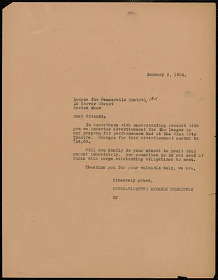 Sacco-Vanzetti Defense Committee typed letter (copy) League for Democratic Control, Boston, Mass., January 3, 1924