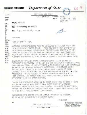 Telegram from American Embassy in Moscow to Secretary of State on Francis Gary Powers Trial
