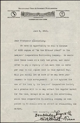 Doubleday, Page & Co. typed letter signed to Hugo Münsterberg, Garden City, N.Y., 8 June 1912
