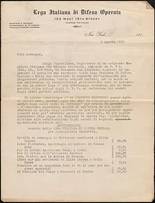 Giovanni Baldazzi (Lega Italiana di Difesa Operaia) typed letter (circular), in Italian, to Caro compagno, New York, N. Y., August 1, 1920