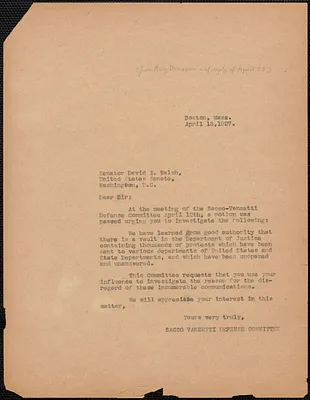 Mary Donovan (Sacco-Vanzetti Defense Committee) typed letter (copy) to David I. Walsh, Boston, Mass., April 13, 1927