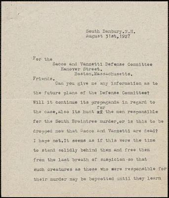 Elsie Hillsmith typed letter signed to Sacco-Vanzetti Defense Committee, South Danbury, N. H., August 31, 1927