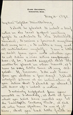 Hall, Granville Stanley, 1844-1924 manuscript letter signed to Hugo Münsterberg, Worcester, Mass., 4 May 1895