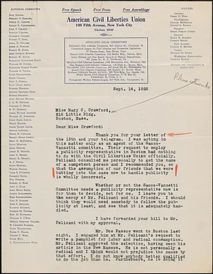 Roger N. Baldwin (American Civil Liberties Union) typed letter signed to Mary C. Crawford, New York. N. Y., September 14, 1926