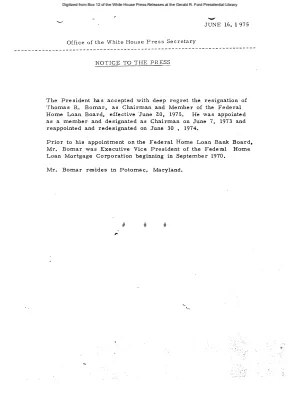 President Accepts Resignation of Thomas R. Bomar as Chairman and Member of the Federal Home Loan Board [Position Appointments and Resignations]