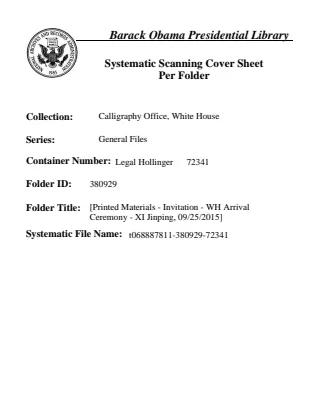[Printed Materials - Invitation - WH Arrival Ceremony - XI Jinping, 09/25/2015]