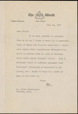 [Walter? Maxwell] (The New York World) typed note signed to Felix Frankfurter, New York, N. Y., July 21, 1927