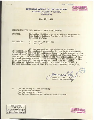 Memorandum from James S. Lay, Jr. to the National Security Council with Attachment