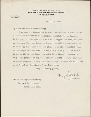 Pritchett, Henry S. (Henry Smith), 1857-1939 typed letter signed to Hugo Münsterberg, New York, 28 April 1910
