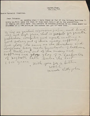 Maude Pettyjohn typed letter signed to Sacco-Vanzetti Defense Committee, Dayton, Wash., October 1, 1927