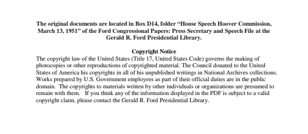 House Speech Hoover Commission, March 13, 1951