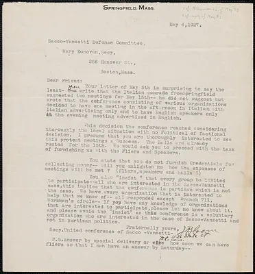 I. Bloom typed letter signed to Mary Donovan, Springfield, Mass., May 6, 1927