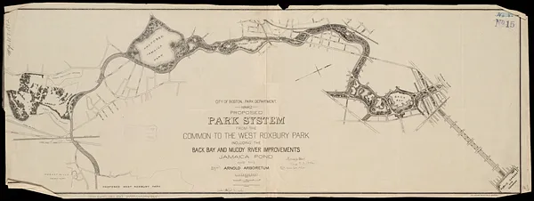 Proposed park system from the Common to the West Roxbury Park including the Back Bay and Muddy river improvements, Jamaica Pond and the Arnold Arboretum