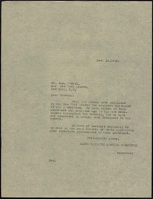 Sacco-Vanzetti Defense Committee typed letter to James Oneal (New York Leader), Boston, Mass., November 12, 1926