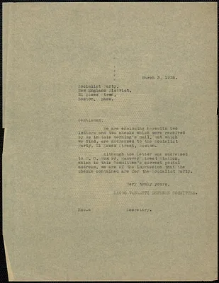 Sacco-Vanzetti Defense Committee typed letter (copy) to Socialist Party, New England District, Boston, Mass., March 3, 1926