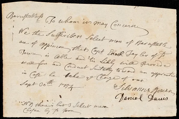 Abigail Glover indentured to apprentice with Enoch Taylor of Barnstable, 18 September 1754