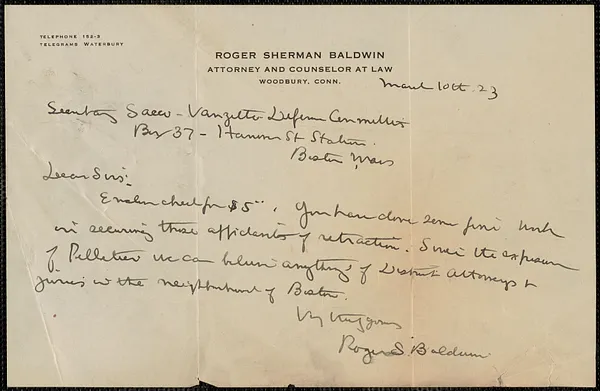 Roger Baldwin autograph note signed to Sacco-Vanzetti Defense Committee, Woodbury, Conn., March 10, 1923