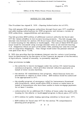 Signing of S. 3295 - Housing Authorization Act of 1976 [Bill]
