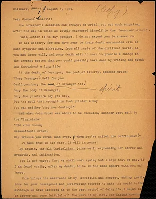 Alice Stone Blackwell typed letter (copy) to Bartolomeo Vanzetti, Chilmark, Mass., 5 August 1927