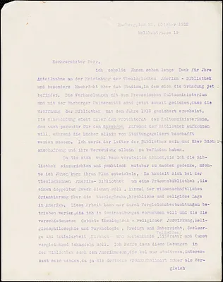 Bornhausen, Karl, b. 1882 typed letter signed to Hugo Münsterberg, Marburg, Ger., 25 October 1912