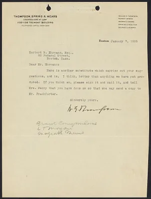 Herbert Brutus Ehrmann Papers, 1906-1970. Sacco-Vanzetti. William G. Thompson: important letters, 1926-1935. Box 14, Folder 17, Harvard Law School Library, Historical & Special Collections