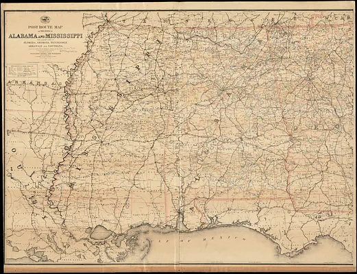 Post route map of the states of Alabama and Mississippi with adjacent parts of Florida, Georgia, Tennessee, Arkansas and Louisiana