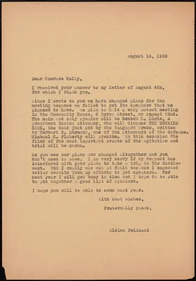 Aldino Felicani typed letter (copy) to [Harry] Kelly, [Boston, Mass.], August 15, 1933