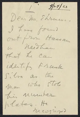 Herbert Brutus Ehrmann Papers, 1906-1970. Sacco-Vanzetti. Edward Houlton James: reports. Box 12, Folder 21, Harvard Law School Library, Historical & Special Collections