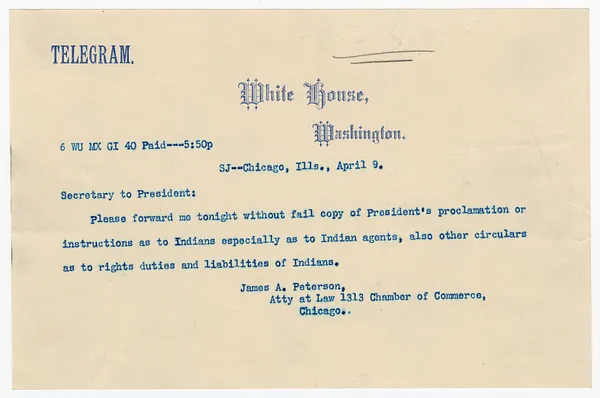 Telegram from James A. Peterson to the Secretary to the President