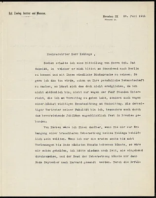 Kükenthal, Willy, 1861- typed letter signed to Mr. Kollege, Breslau, 28 June 1911