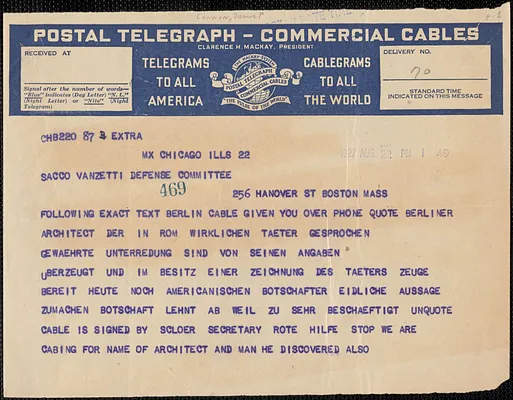 James P. Cannon (International Labor Defense) telegram to Sacco-Vanzetti Defense Committee, Chicago, Ill., August 22, 1927