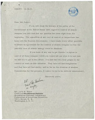 Draft Letter from President Harry S. Truman to Lyle Borst