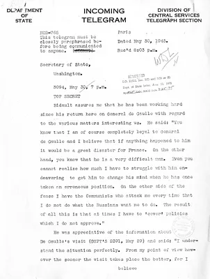 Telegram from Jefferson Caffery to Secrertary of State Edward Stettinius