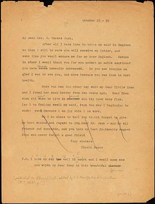 Nicola Sacco typed letter (copy) to Mrs. [Cerise] Jack, [Dedham], 23 October 1922
