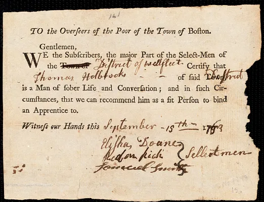 Elias Cox indentured to apprentice with Thomas Holbrook of Wellfleet, 1 October 1763