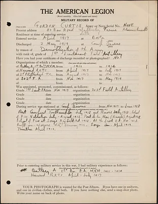 American Legion military record of Gordon Curtis