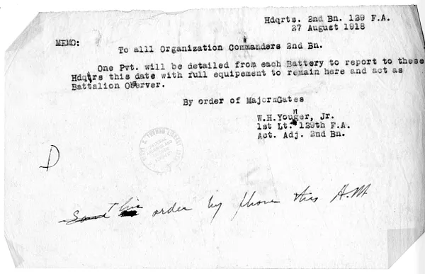 Memorandum to All Organization Commanders, 2nd Battalion from First Lieutenant W. H. Younger, Jr.