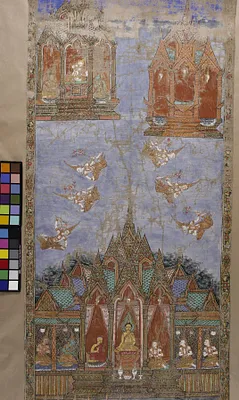 The Buddha Preaches in Indra's Heaven and Descends to Earth, with Hell Below