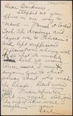 Carl [Rose] autograph note signed to Gardner [Jackson, August? 1929]