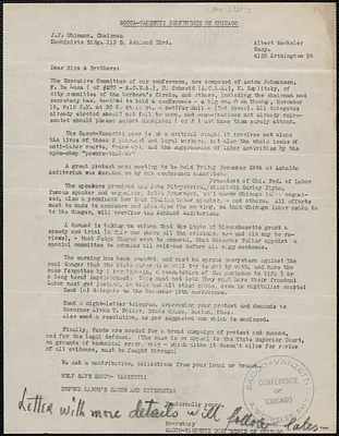 Albert Wechsler (Sacco-Vanzetti Conference of Chicago) typed letter to J. J. Uhlmann, Chicago, Ill., [November 1926?]