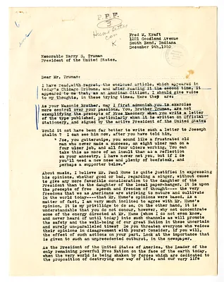 Letter from Fred Kraft to President Harry S. Truman with Attached Newspaper Clippings