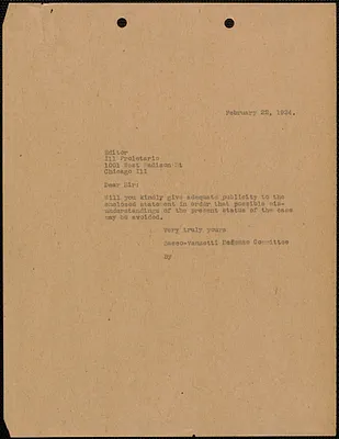 Sacco-Vanzetti Defense Committee typed letter (copy) to Editor, Il Proletario, Boston, Mass., February 22, 1924