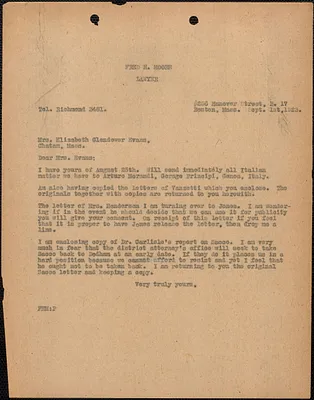 Fred H. Moore typed letter (copy) to Elizabeth Glendower Evans, Boston, Mass., September 1, 1923