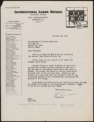 James P. Cannon (International Labor Defense) typed letter signed to Sacco-Vanzetti Defense Committee, Chicago, Ill., November 22, 1926