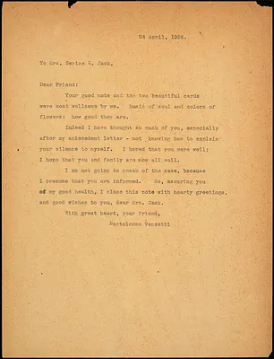 Bartolomeo Vanzetti typed note (copy) to Cerise Jack, [Charlestown], 24 April 1926